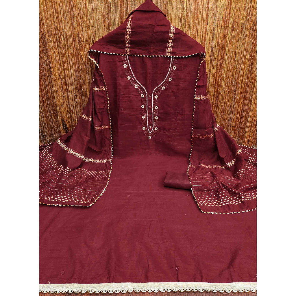 Maroon Hand Embroidered Cotton Blend Dress Material