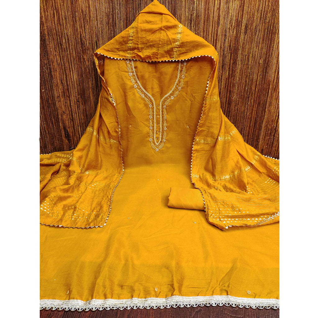 Mustard Hand Embroidered Cotton Blend Dress Material