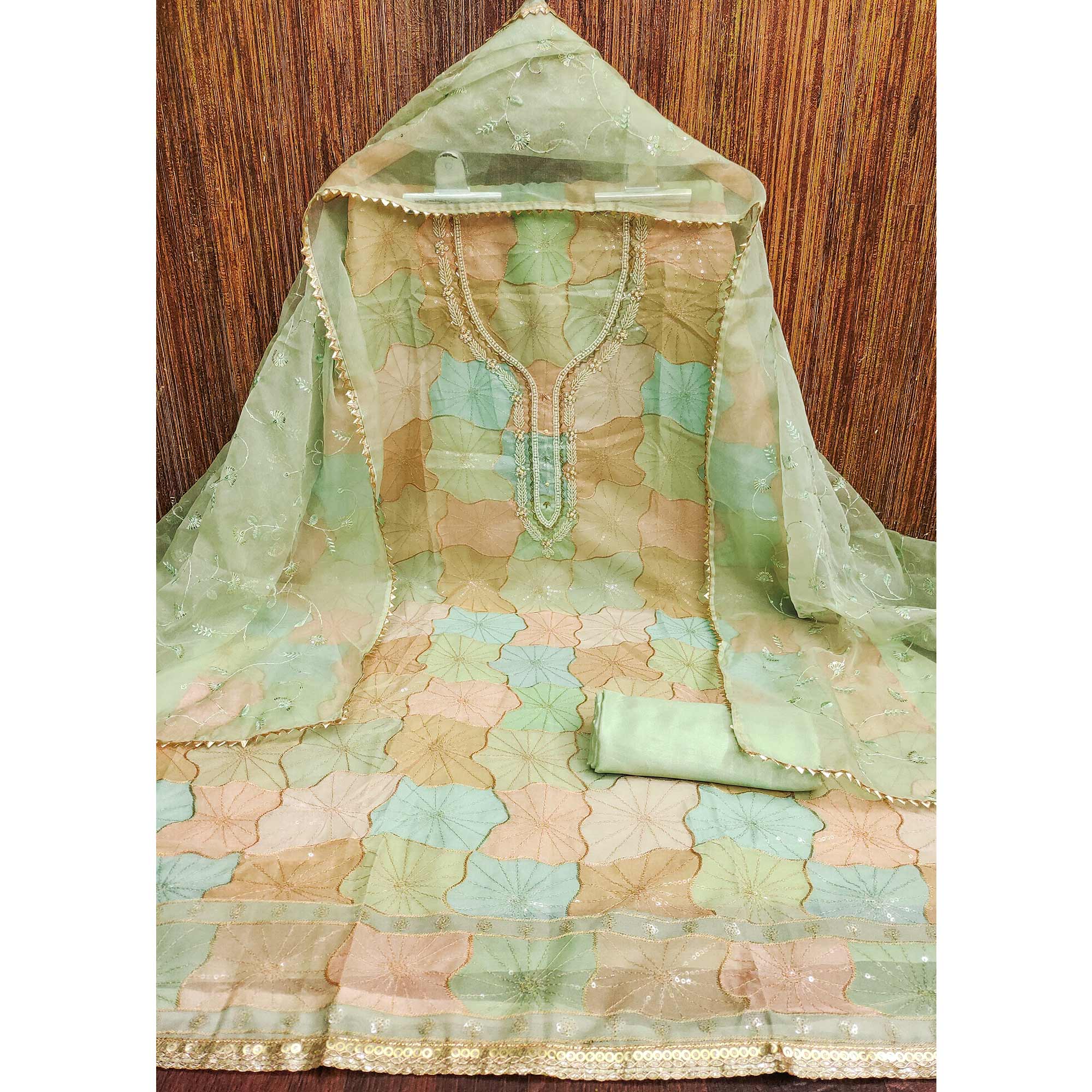 Green Sequin Embroidery With Handwork Organza Dress Material