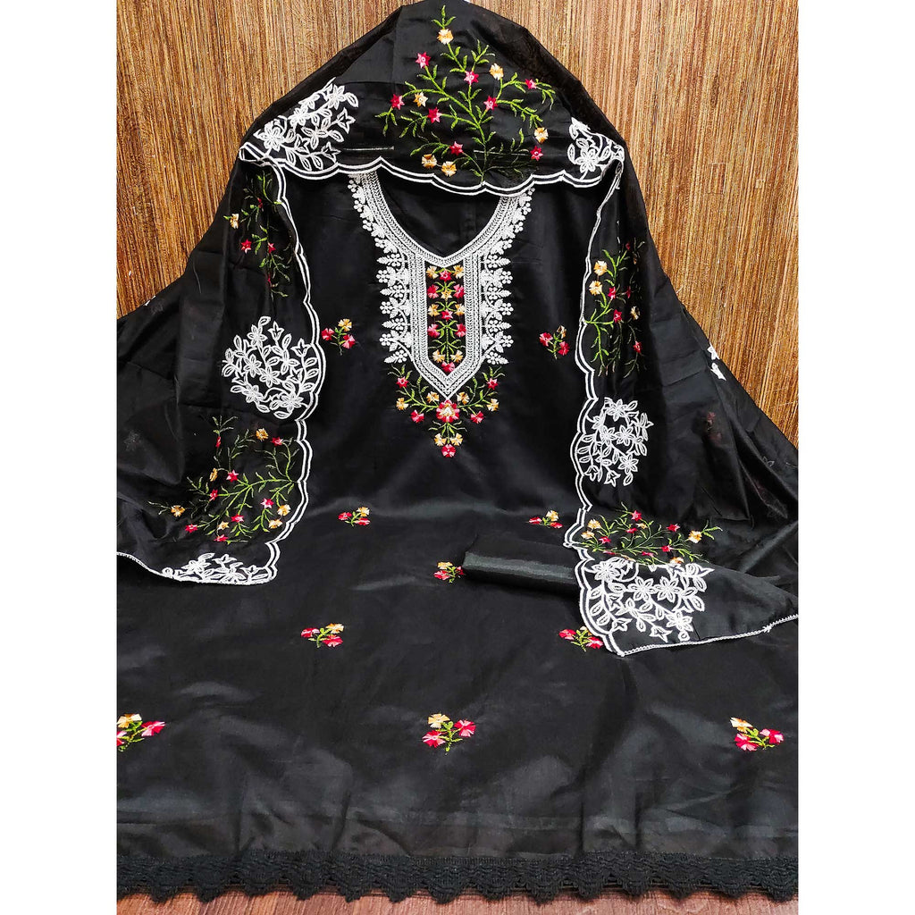 Black Chanderi Cotton Dress Material With Elegant Floral Sequin Embroidery