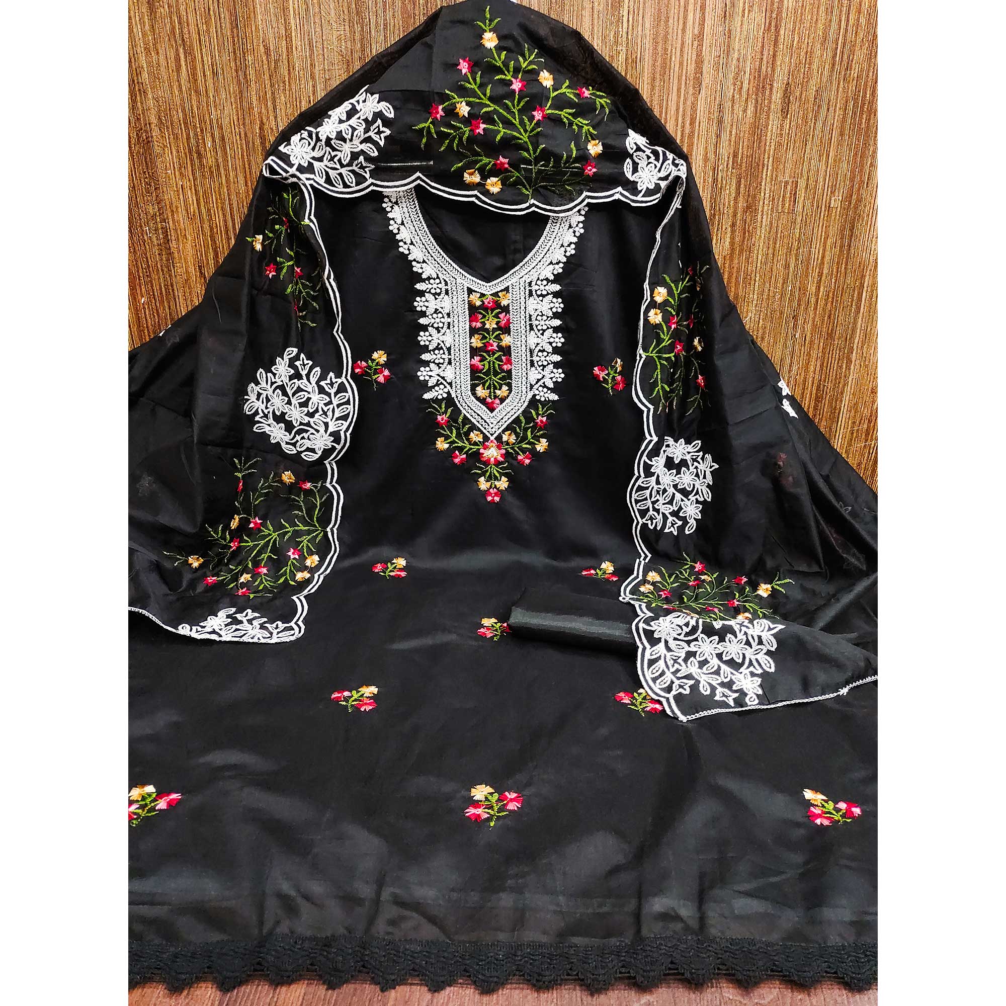 Black Chanderi Cotton Dress Material With Elegant Floral Sequin Embroidery