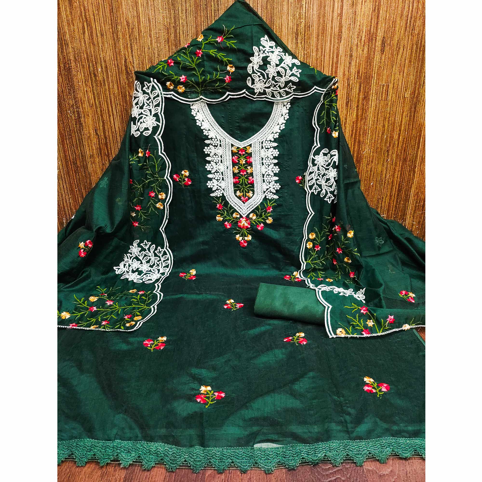 Green Floral Sequins Embroidered Chanderi Cotton Dress Material