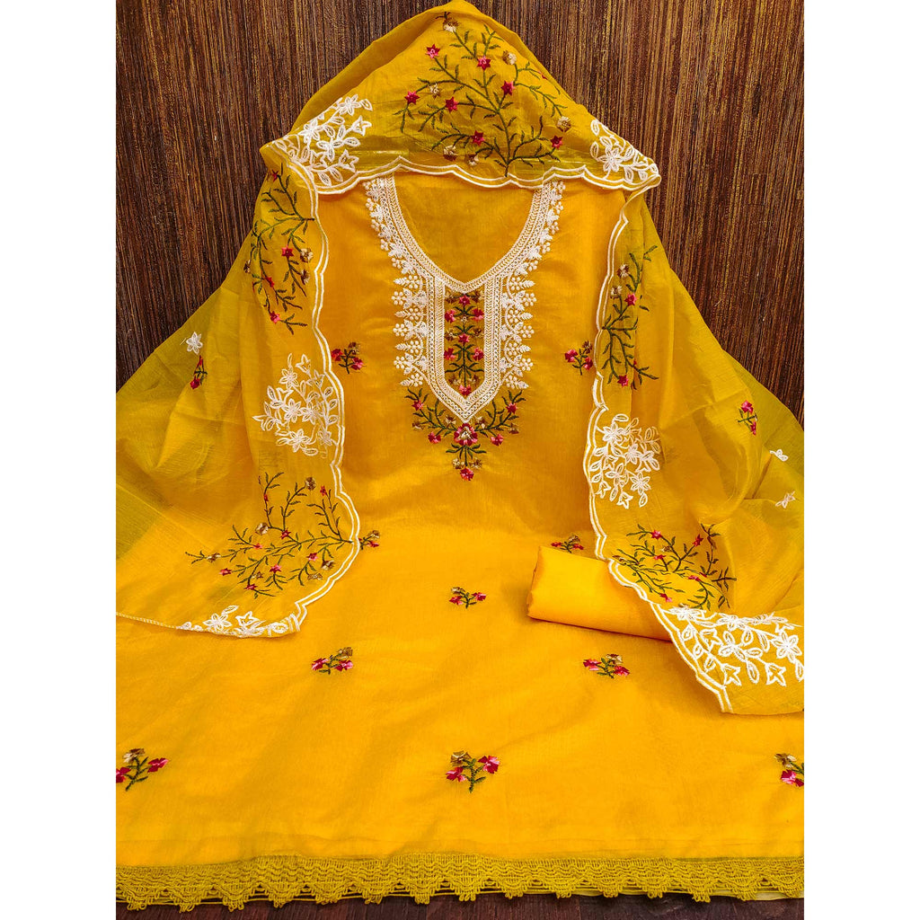 Mustard Floral Sequins Embroidered Chanderi Cotton Dress Material