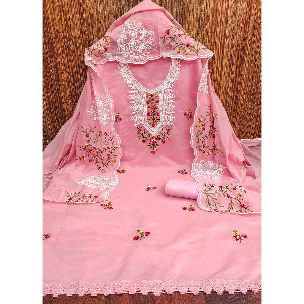 Pink Chanderi Cotton Dress Material With Elegant Floral Sequin Embroidery
