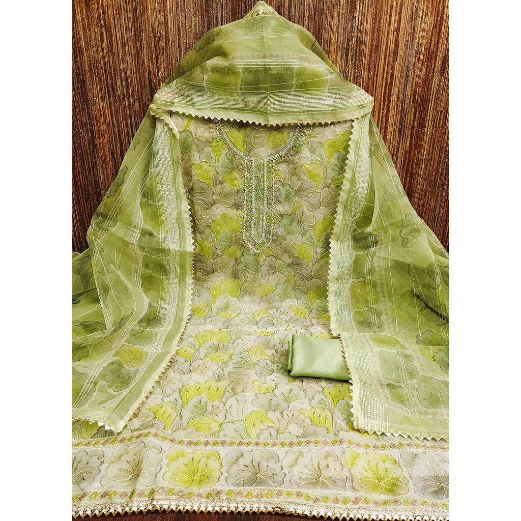 Green Floral Print With Sequins Embroidered Organza Dress Material