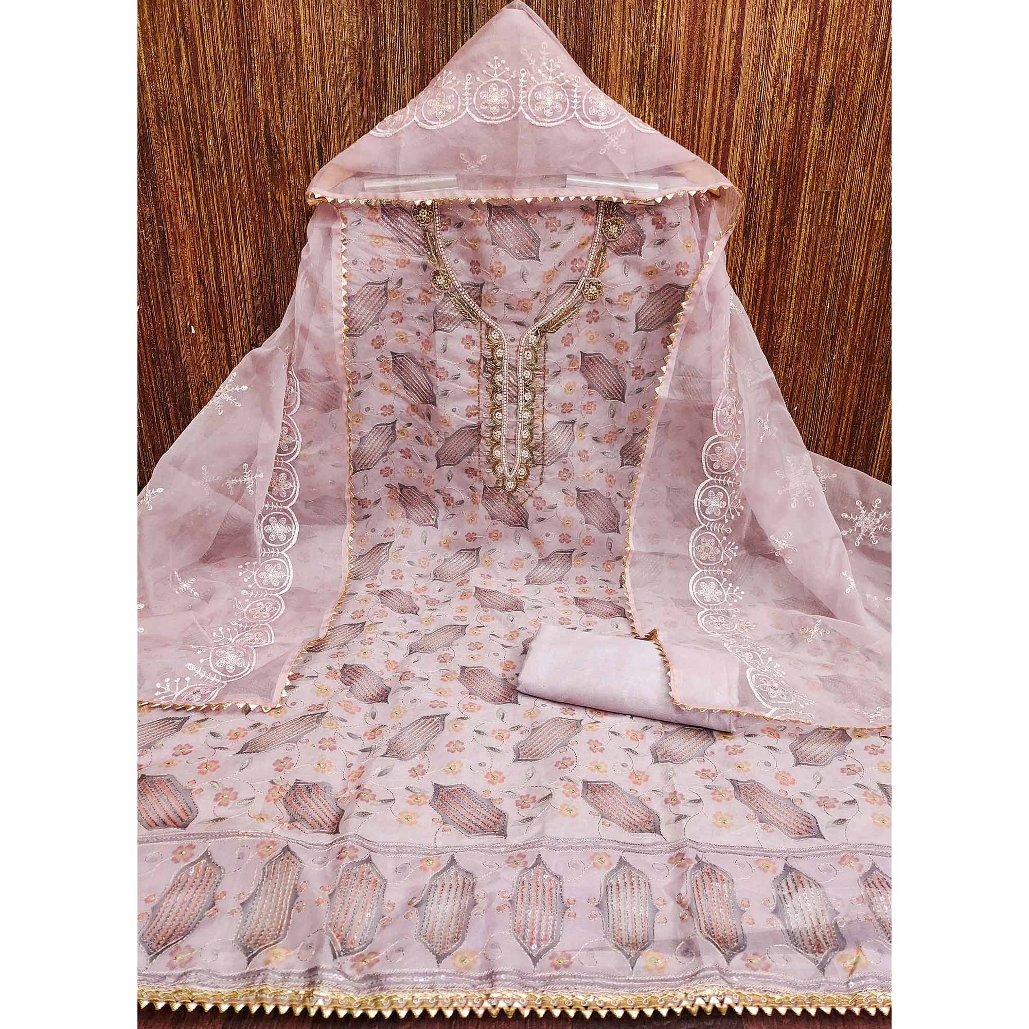 Light Pink Floral Embroidered With Handwork Organza Dress Material
