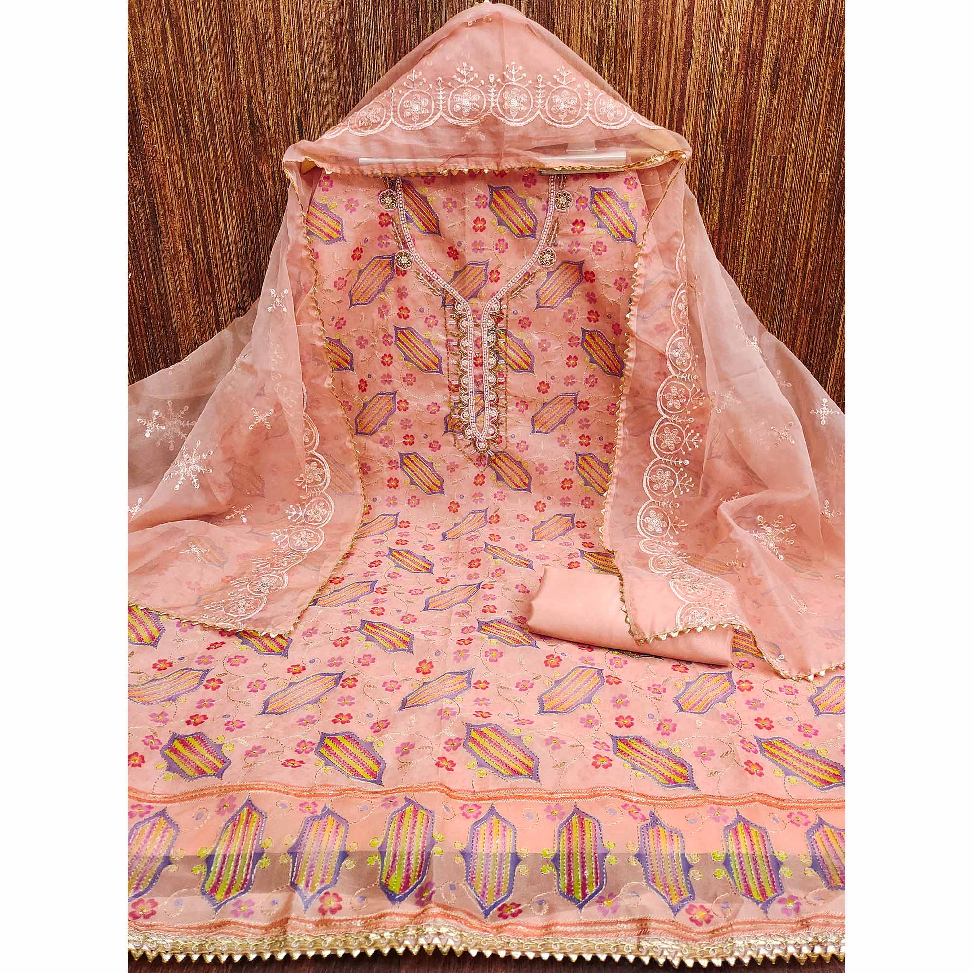 Peach Floral Embroidered With Handwork Organza Dress Material