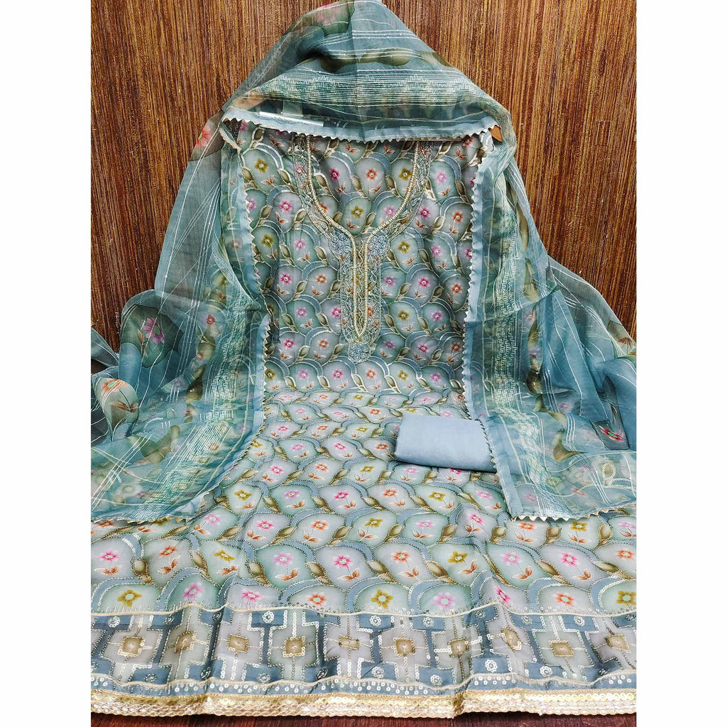 Blue Floral Printed Organza Dress Material With Sequins Embroidery & Handwork