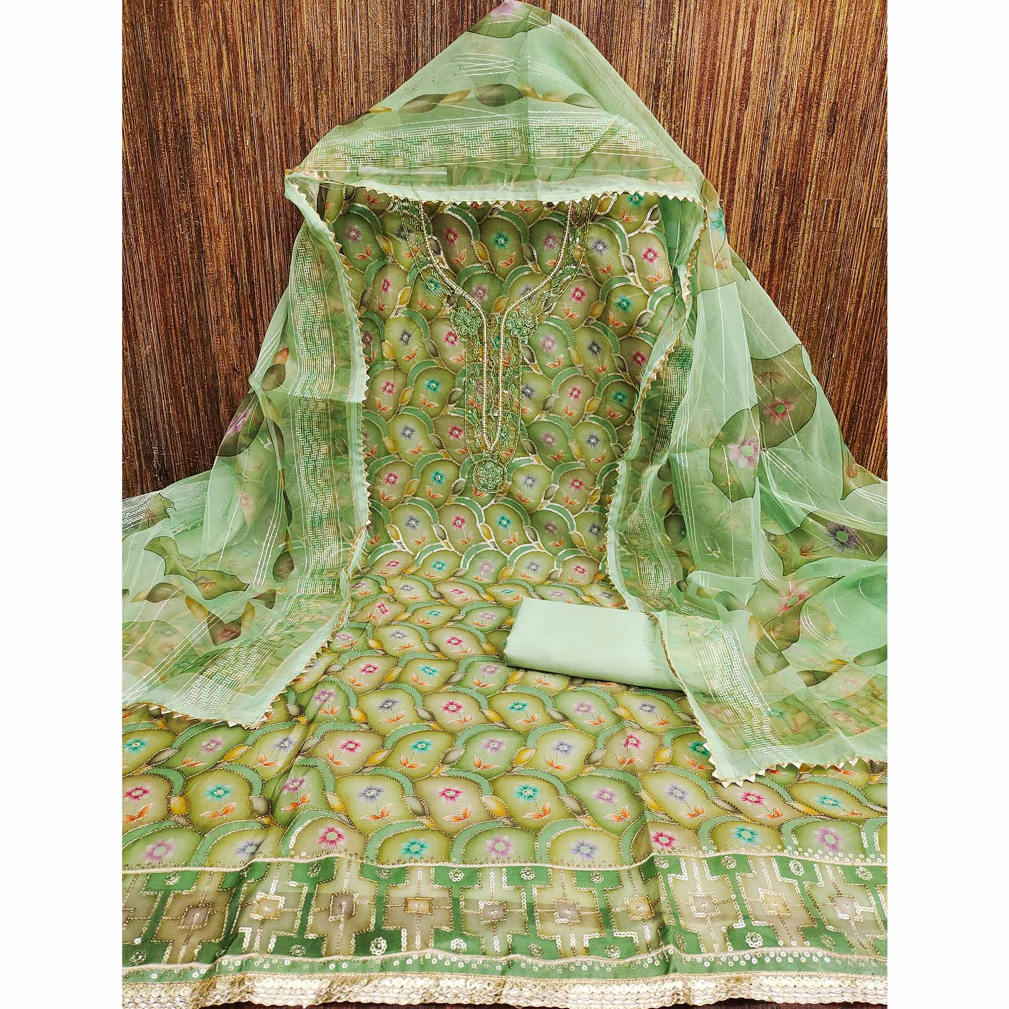 Green Floral Printed Organza Dress Material With Sequins Embroidery & Handwork