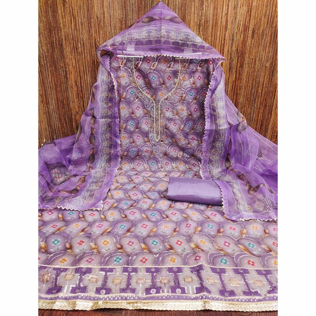 Lavender Floral Printed Organza Dress Material With Sequins Embroidery & Handwork