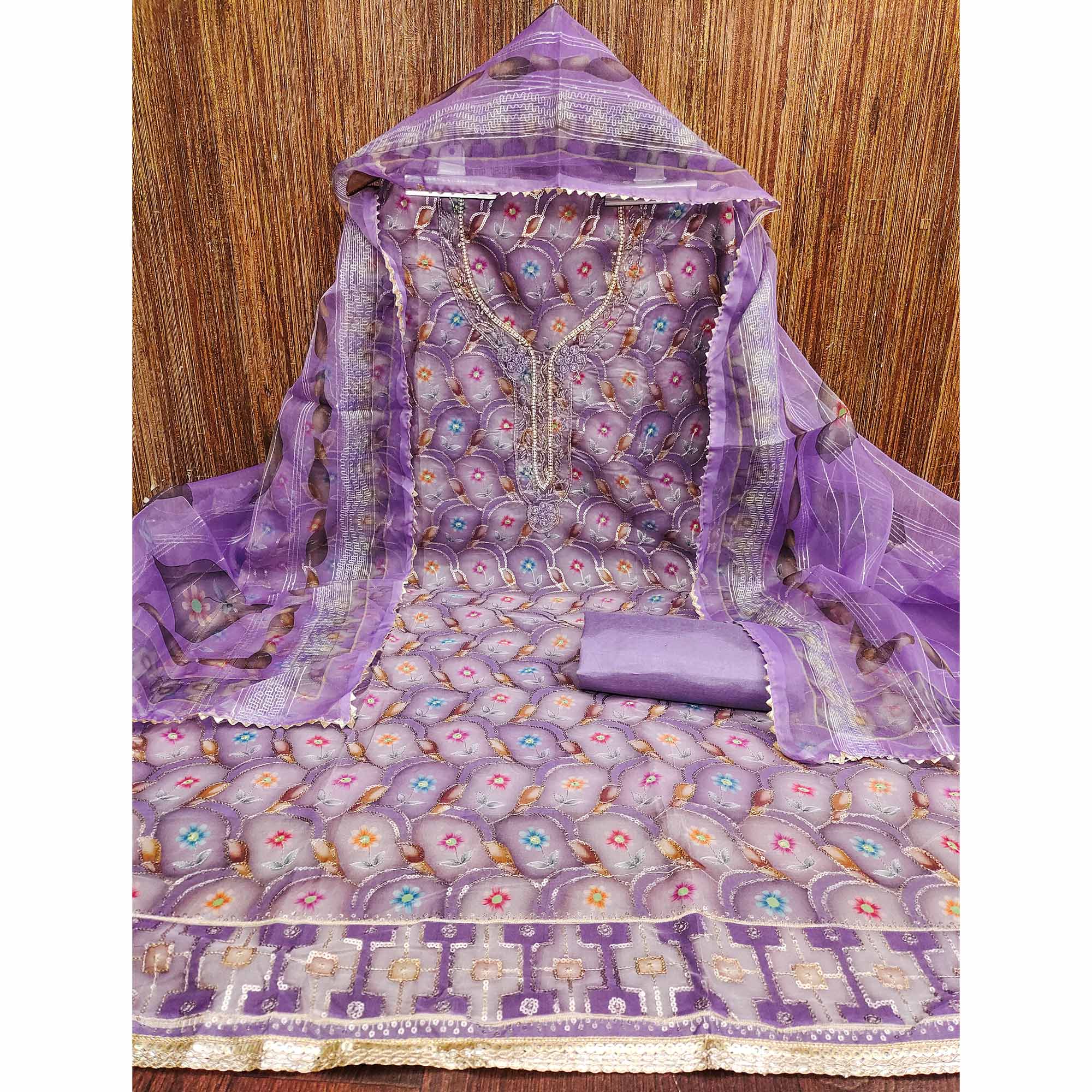 Lavender Floral Printed Organza Dress Material With Sequins Embroidery & Handwork