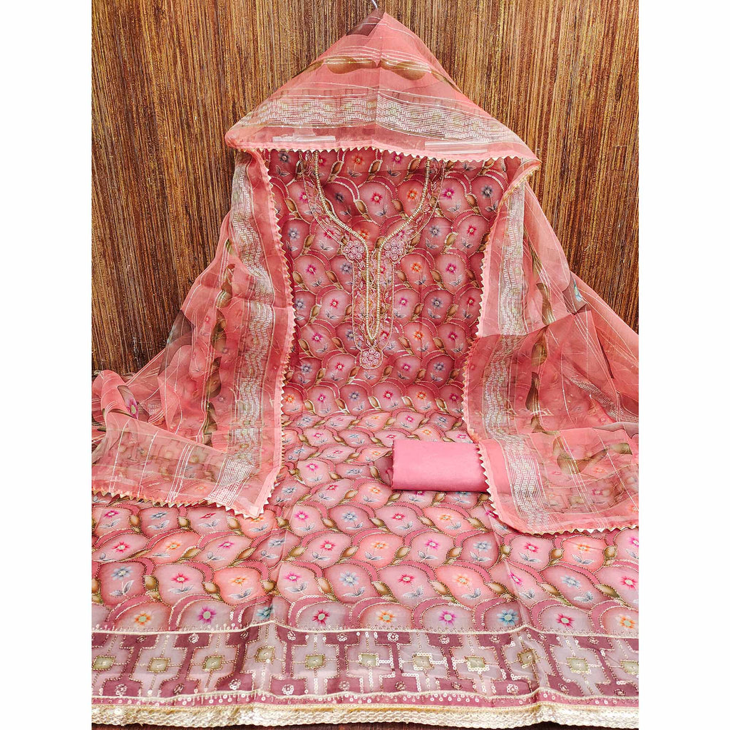 Pink Floral Printed Organza Dress Material With Sequins Embroidery & Handwork