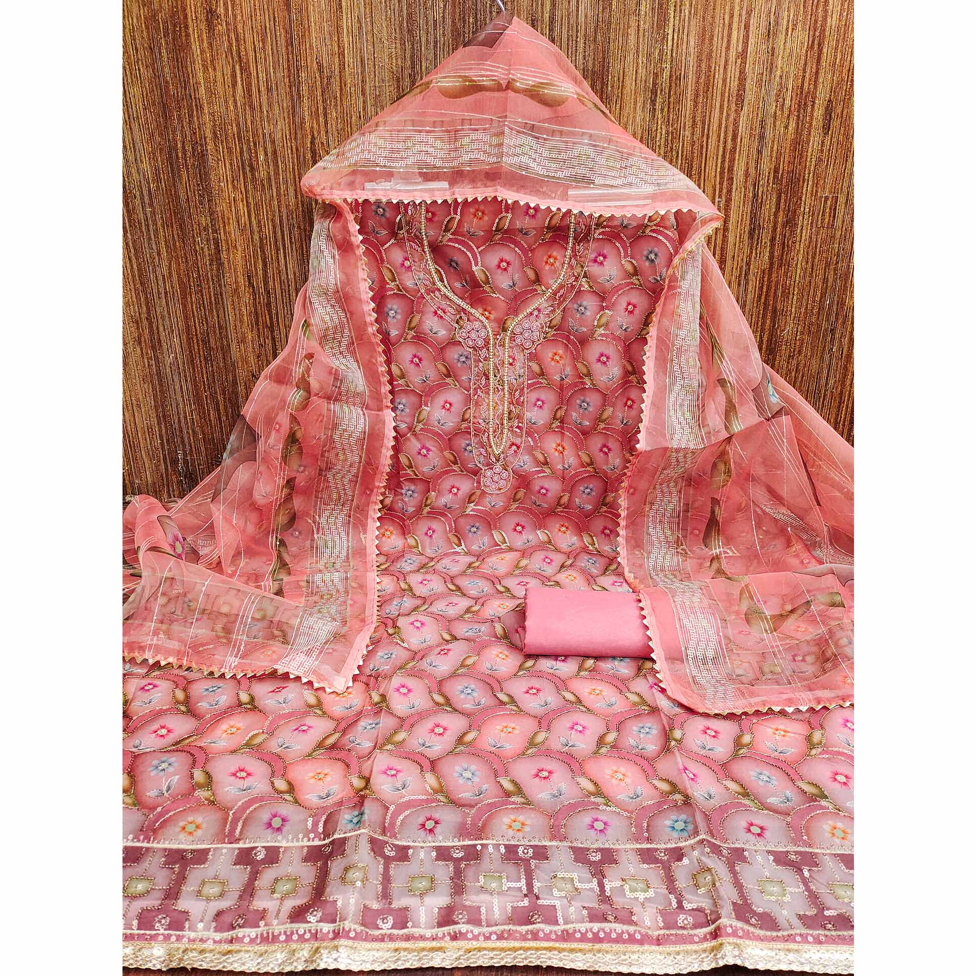 Pink Floral Printed Organza Dress Material With Sequins Embroidery & Handwork