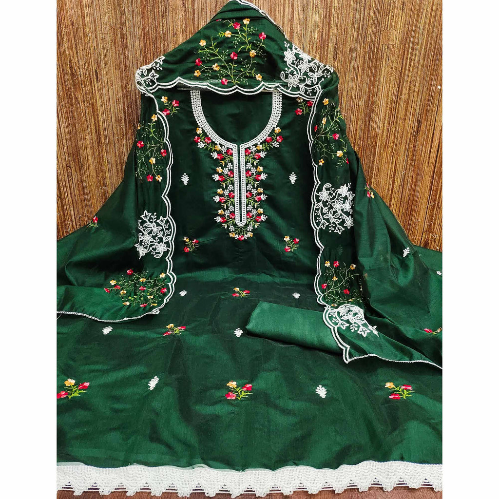Green Floral Embroidered Chanderi Cotton Dress Material