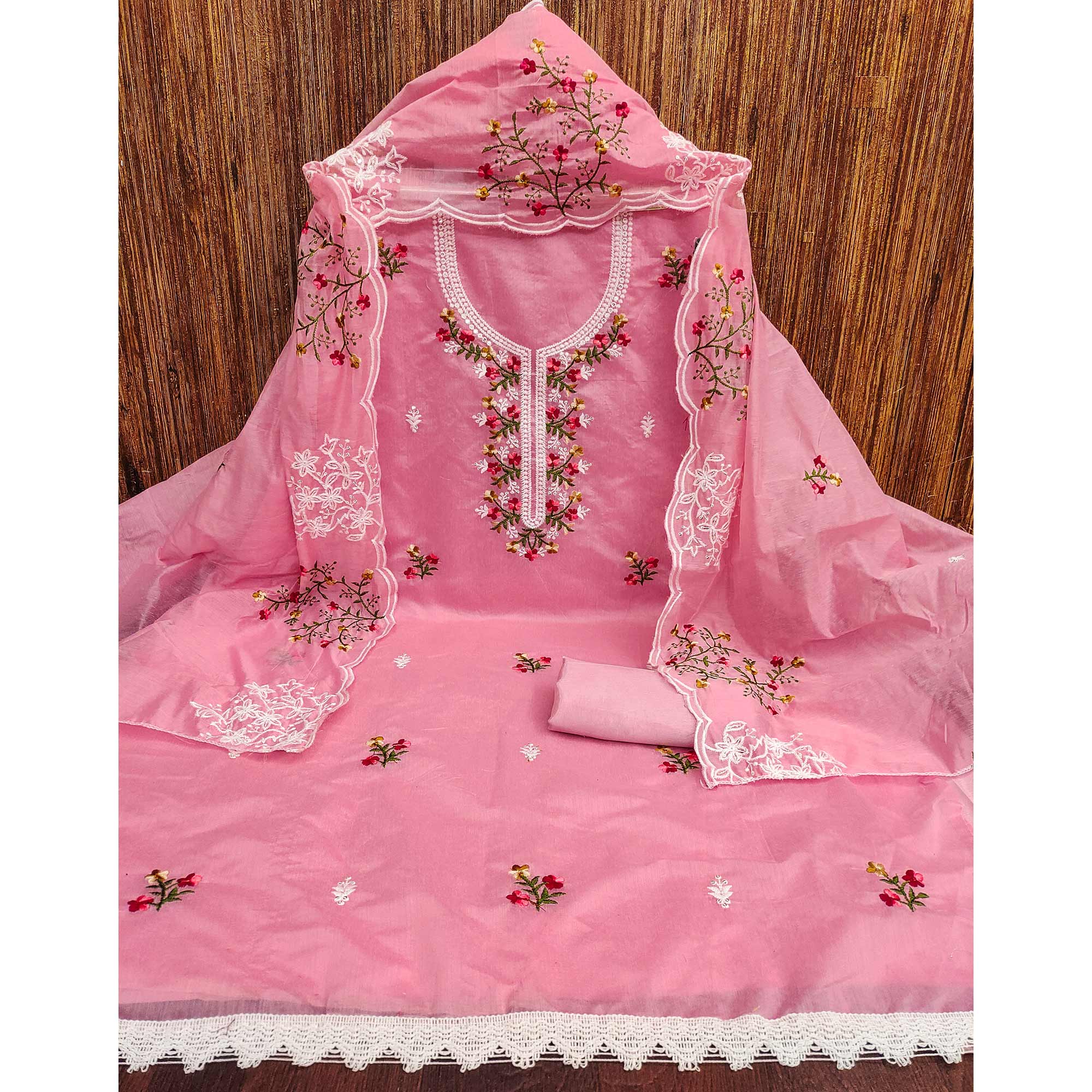 Pink Floral Embroidered Chanderi Cotton Dress Material