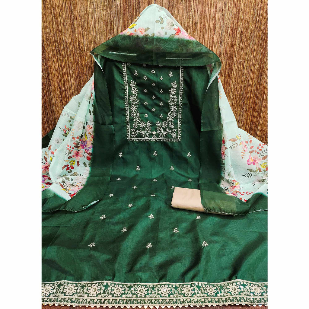 Green Floral Sequins Embroidered Cotton Blend Dress Material