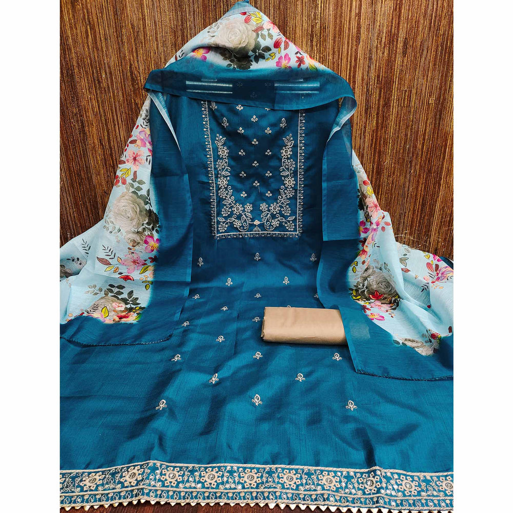 Morpich Blue Floral Sequins Embroidered Cotton Blend Dress Material