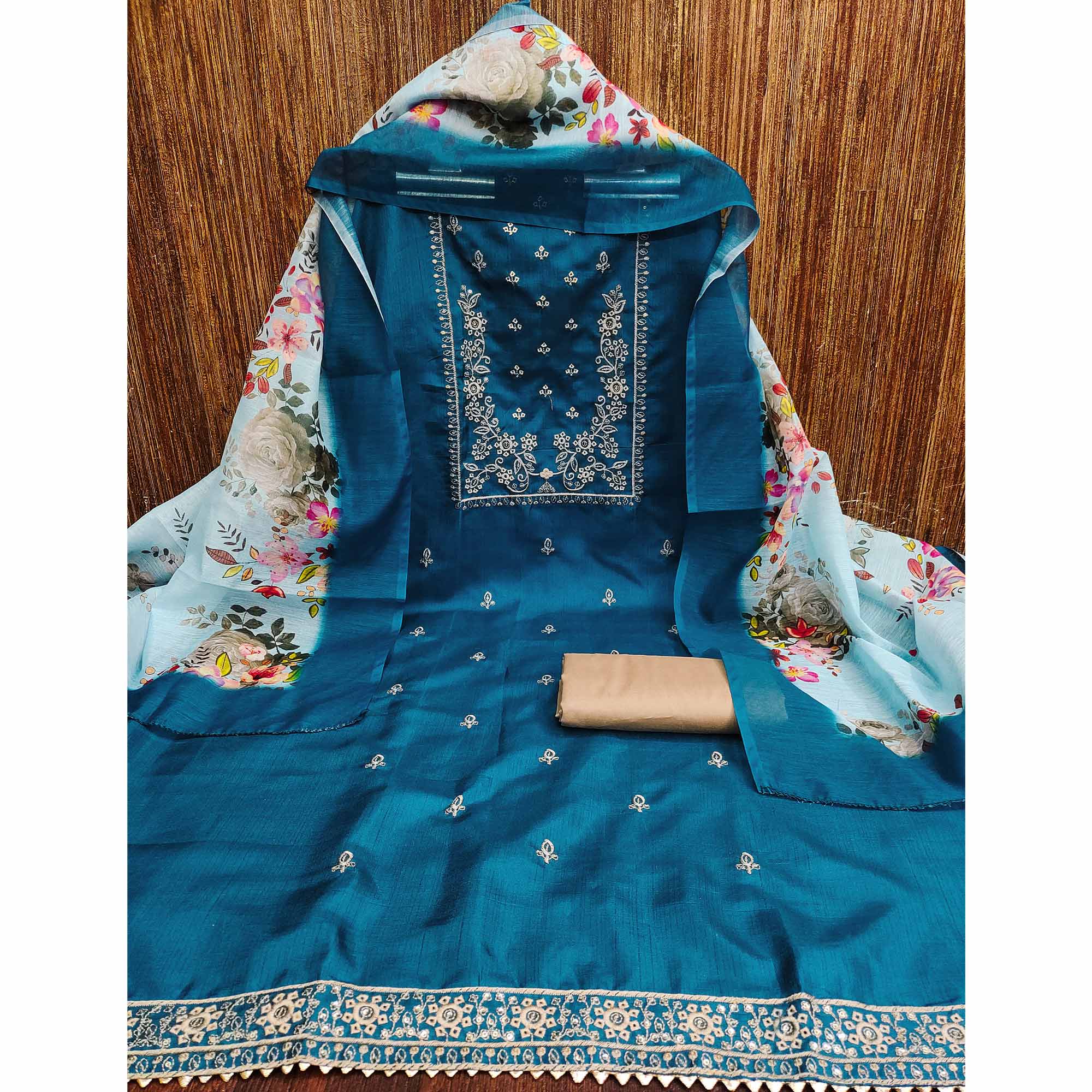Morpich Blue Floral Sequins Embroidered Cotton Blend Dress Material