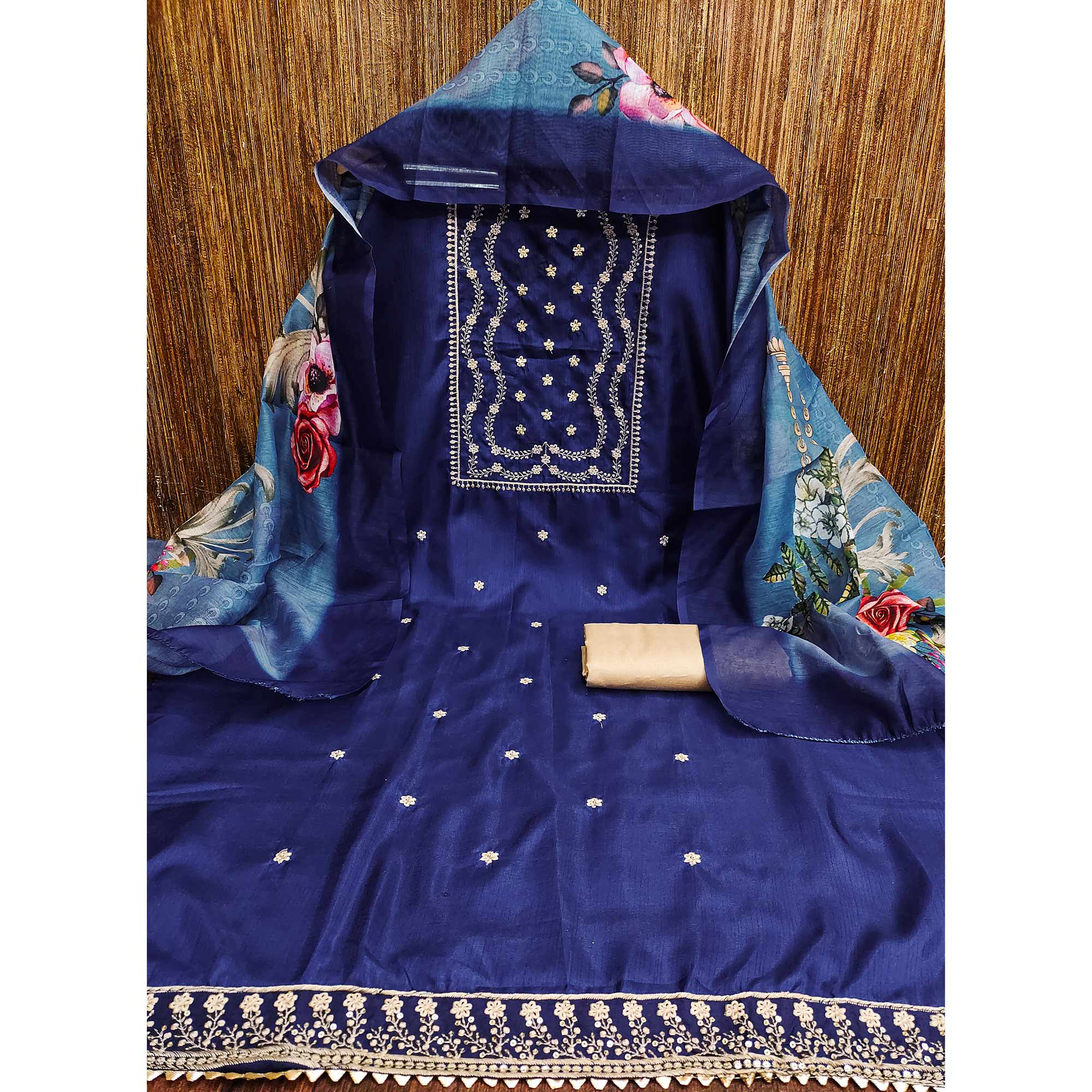Blue Floral Sequins Embroidered Cotton Blend Dress Material