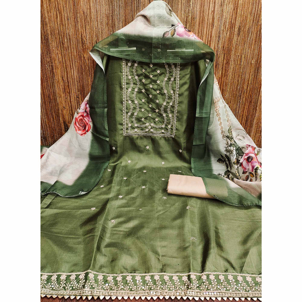 Green Floral Sequins Embroidered Cotton Blend Dress Material