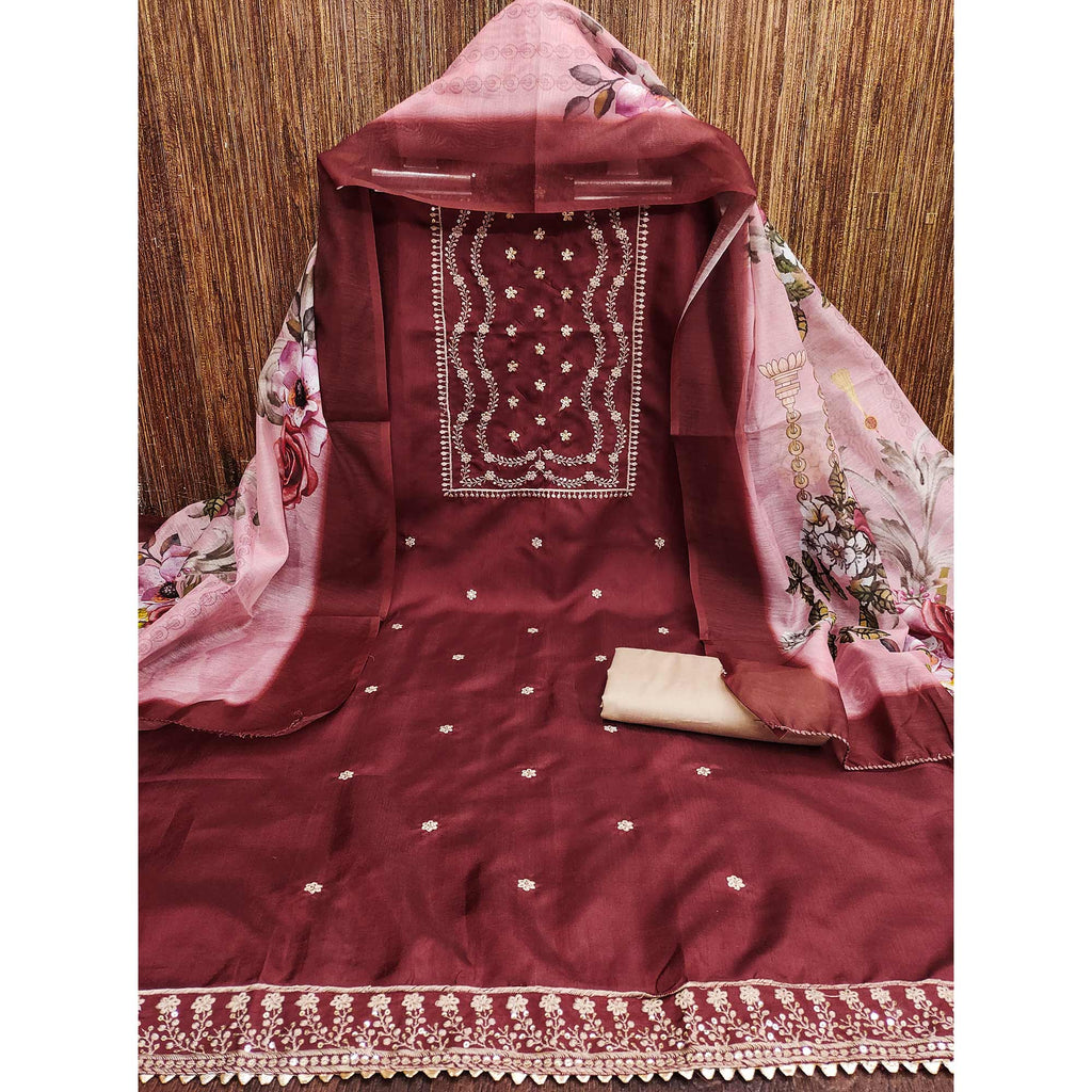 Maroon Floral Sequins Embroidered Cotton Blend Dress Material