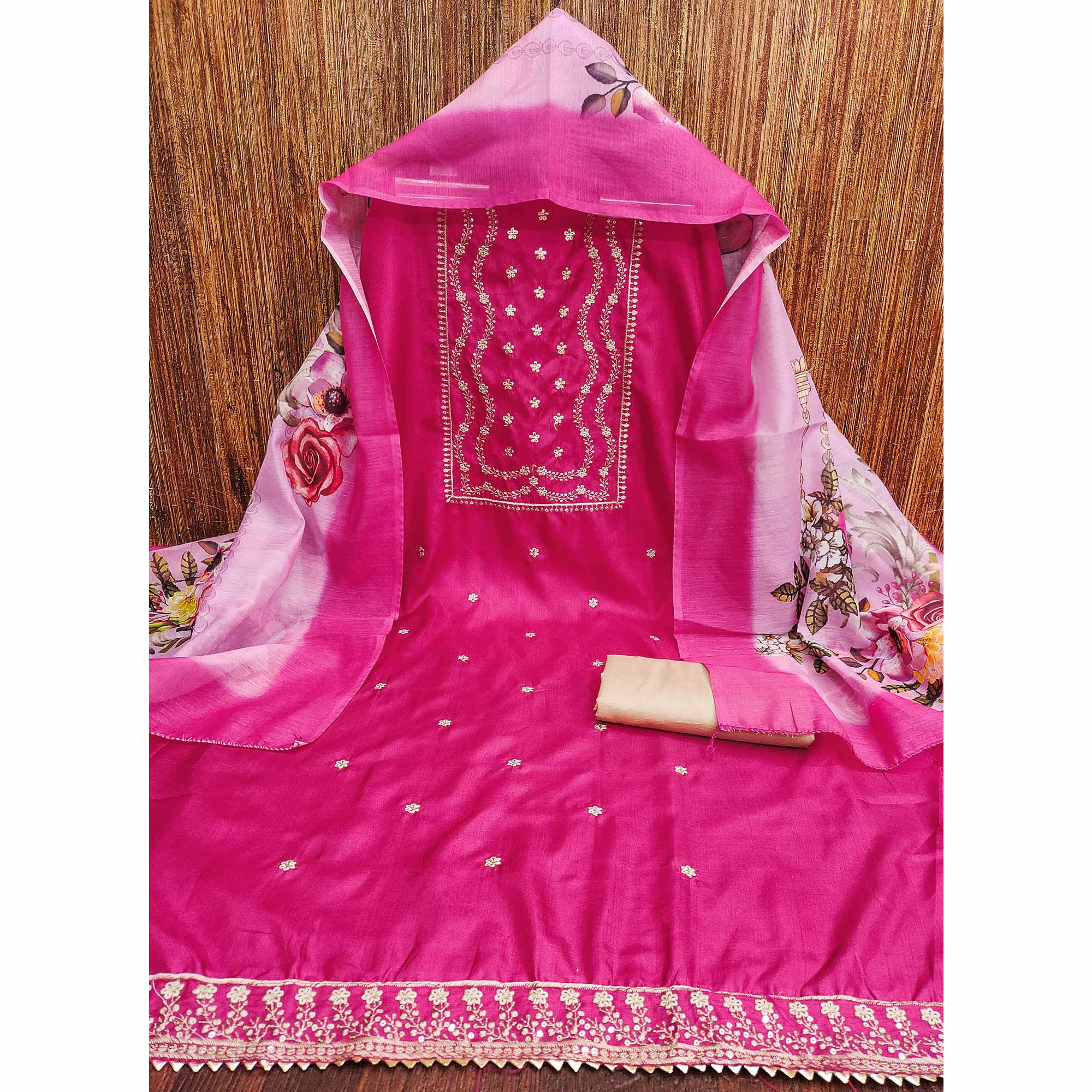 Pink Floral Sequins Embroidered Cotton Blend Dress Material