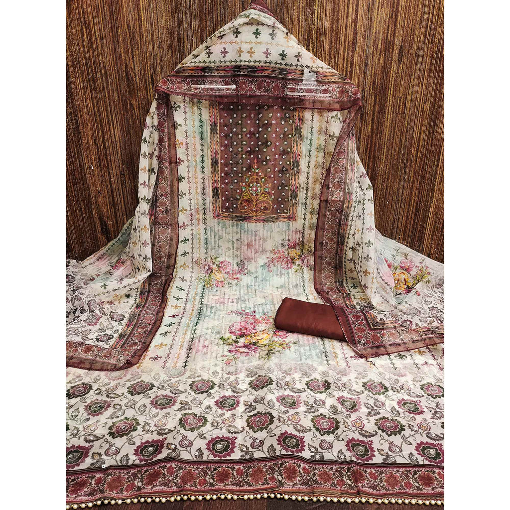 Dark Rust Floral Digital Printed With Diamond Work Organza Dress Material