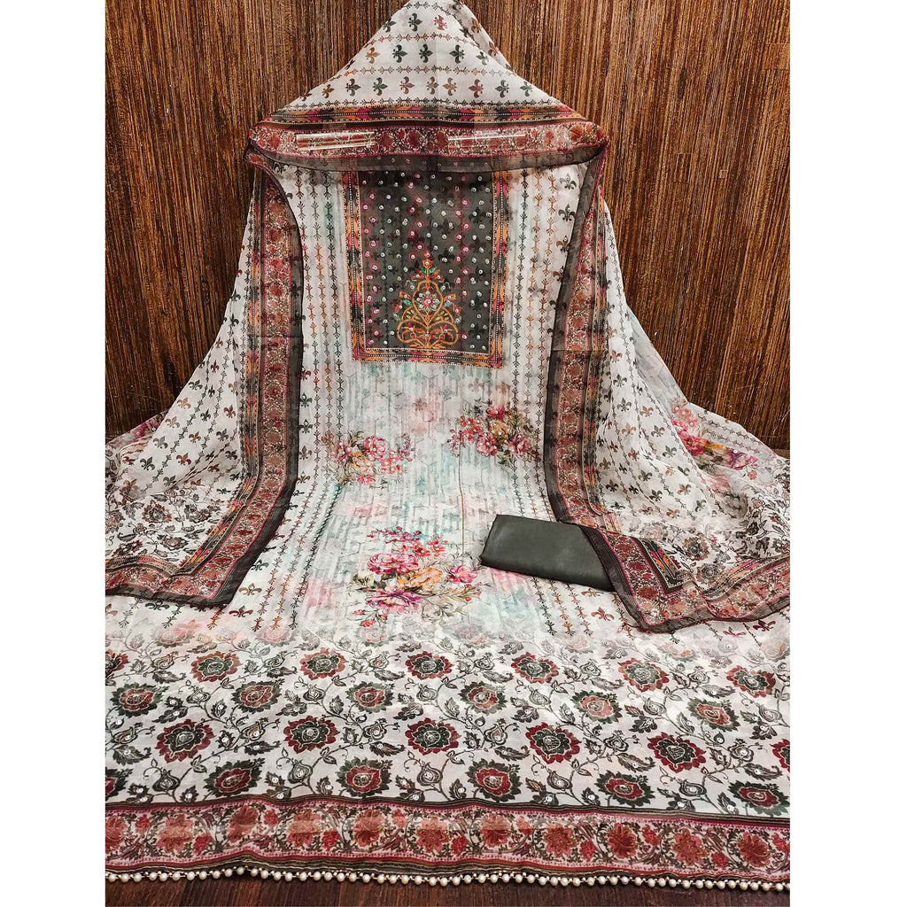 Grey Floral Digital Printed With Diamond Work Organza Dress Material