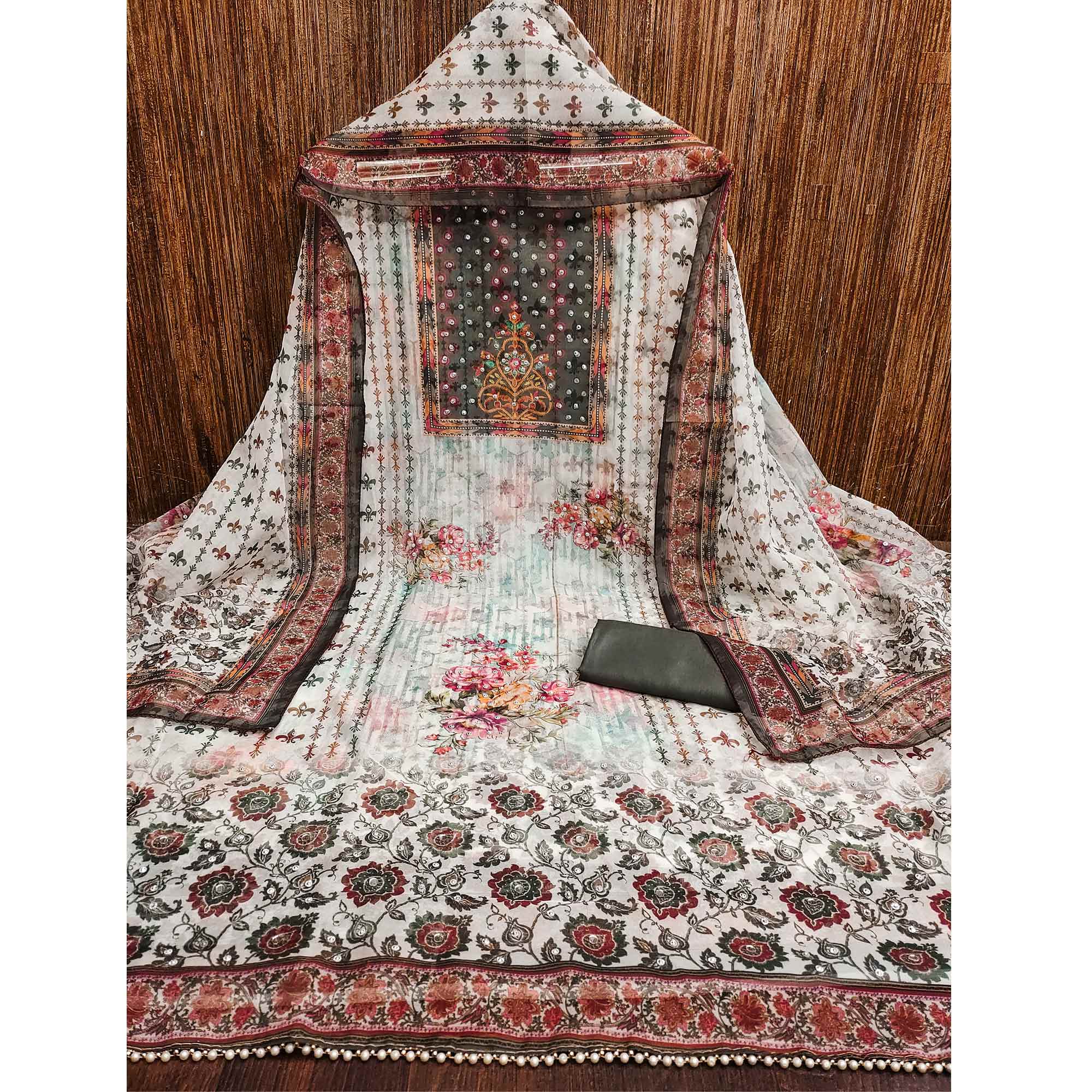 Grey Floral Digital Printed With Diamond Work Organza Dress Material