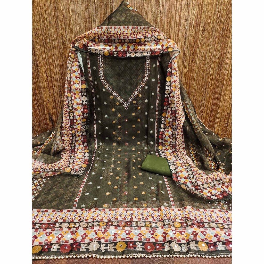 Mehendi Green Floral Digital Printed With Diamond Work Organza Dress Material