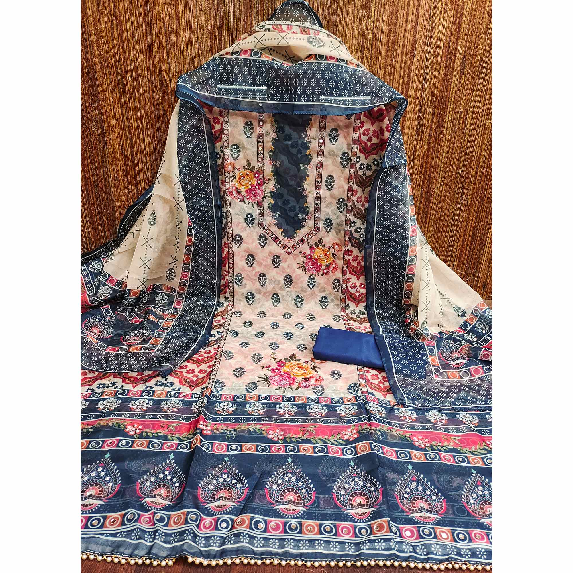 Blue Floral Digital Print With Diamond & Mirror Work Organza Dress Material