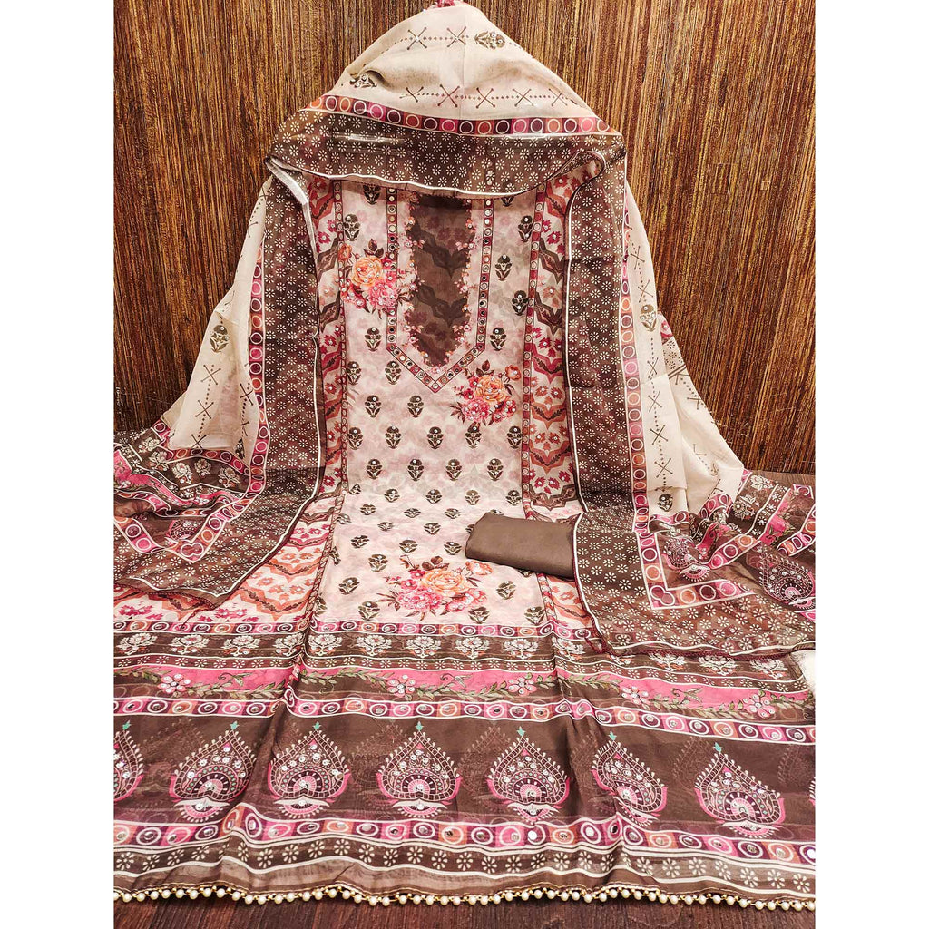 Brown Floral Digital Print With Diamond & Mirror Work Organza Dress Material