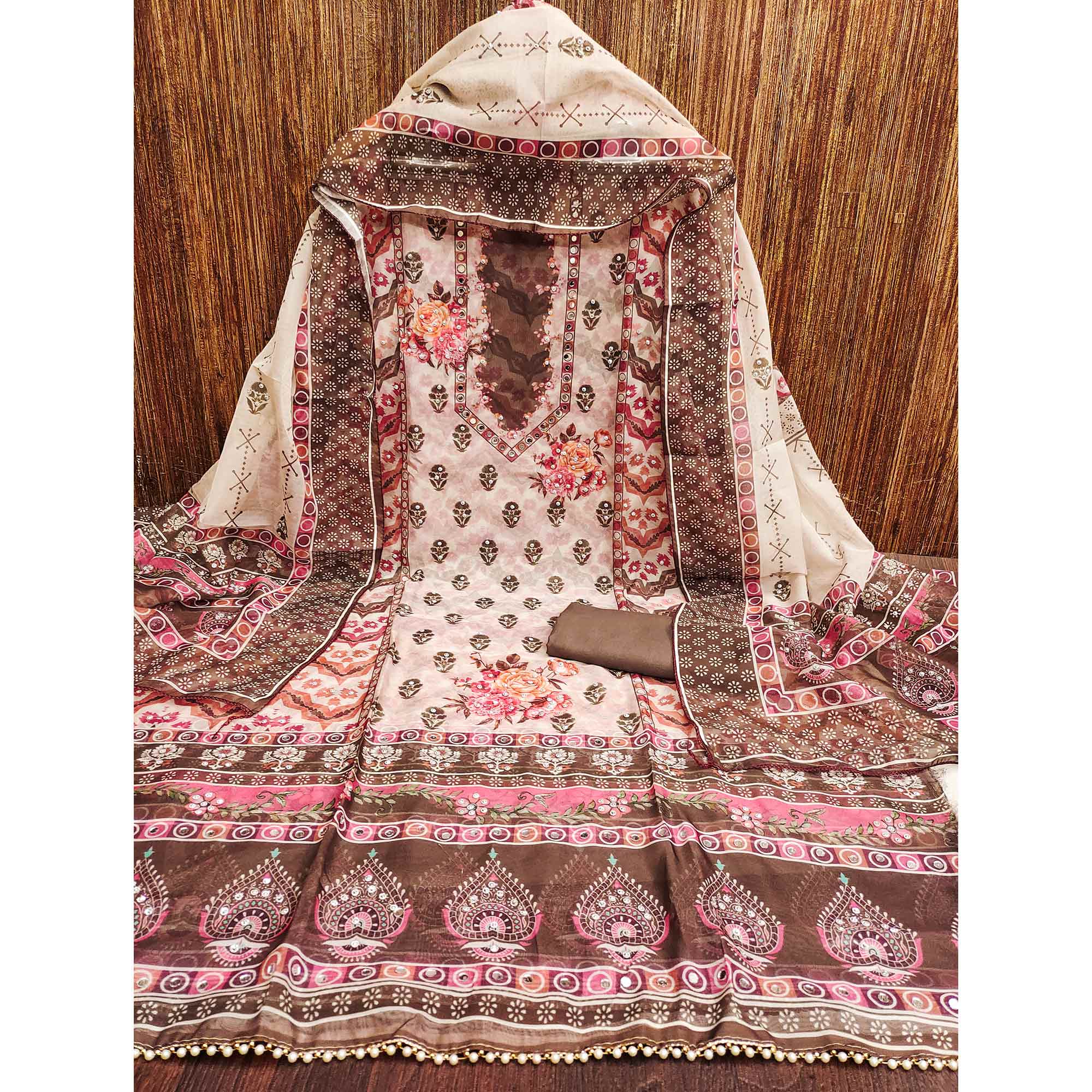 Brown Floral Digital Print With Diamond & Mirror Work Organza Dress Material