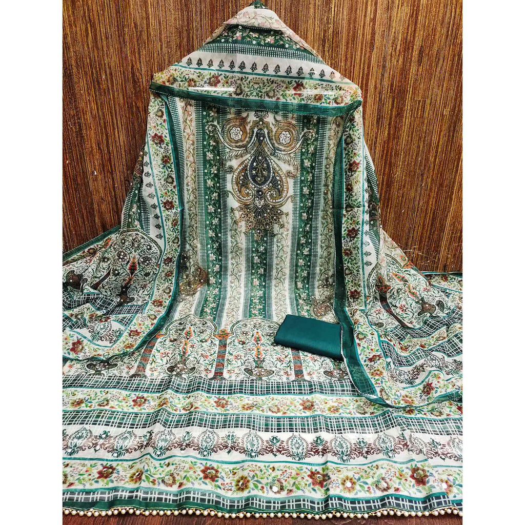 Green Floral Digital Printed With Diamond Work Organza Dress Material