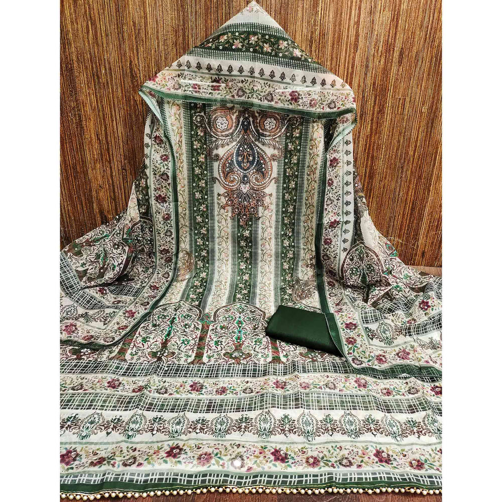 Mehendi Green Floral Digital Printed With Diamond Work Organza Dress Material