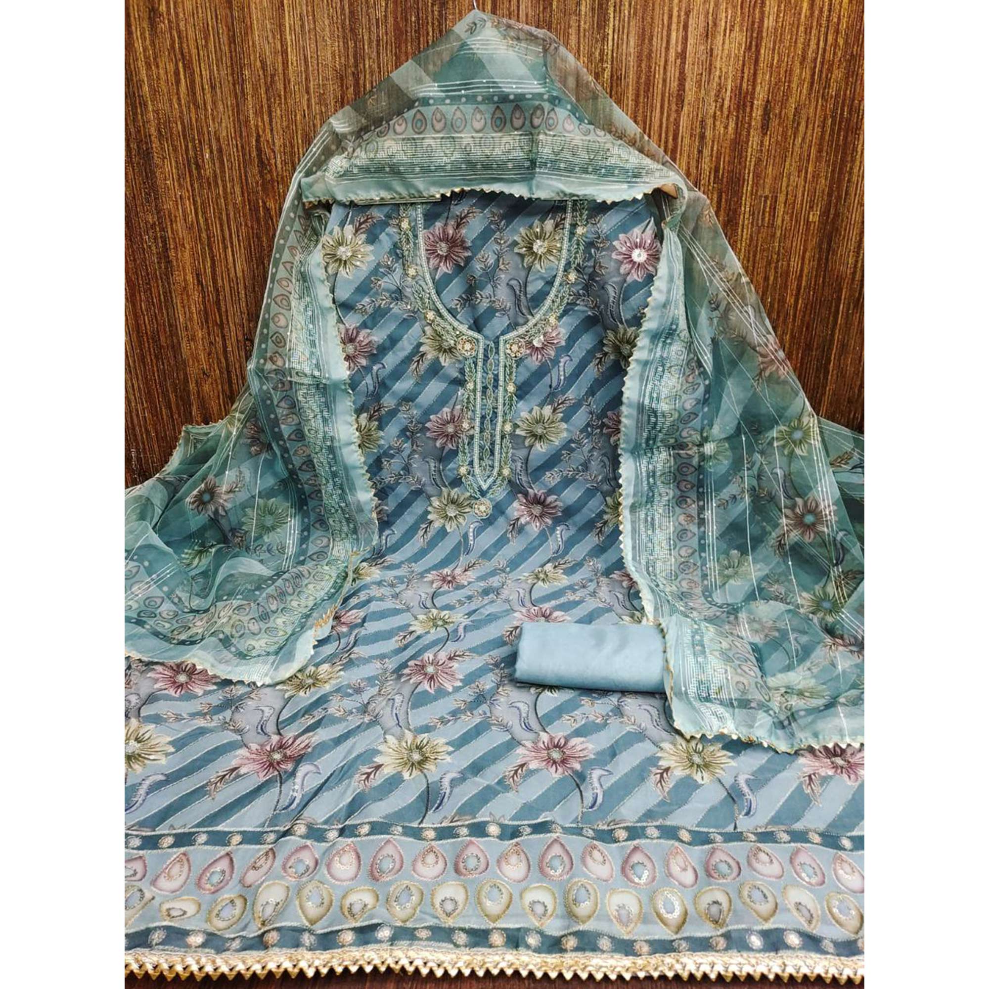 Blue Floral Sequins Embroidered Organza Dress Material With Exquisite Handwork