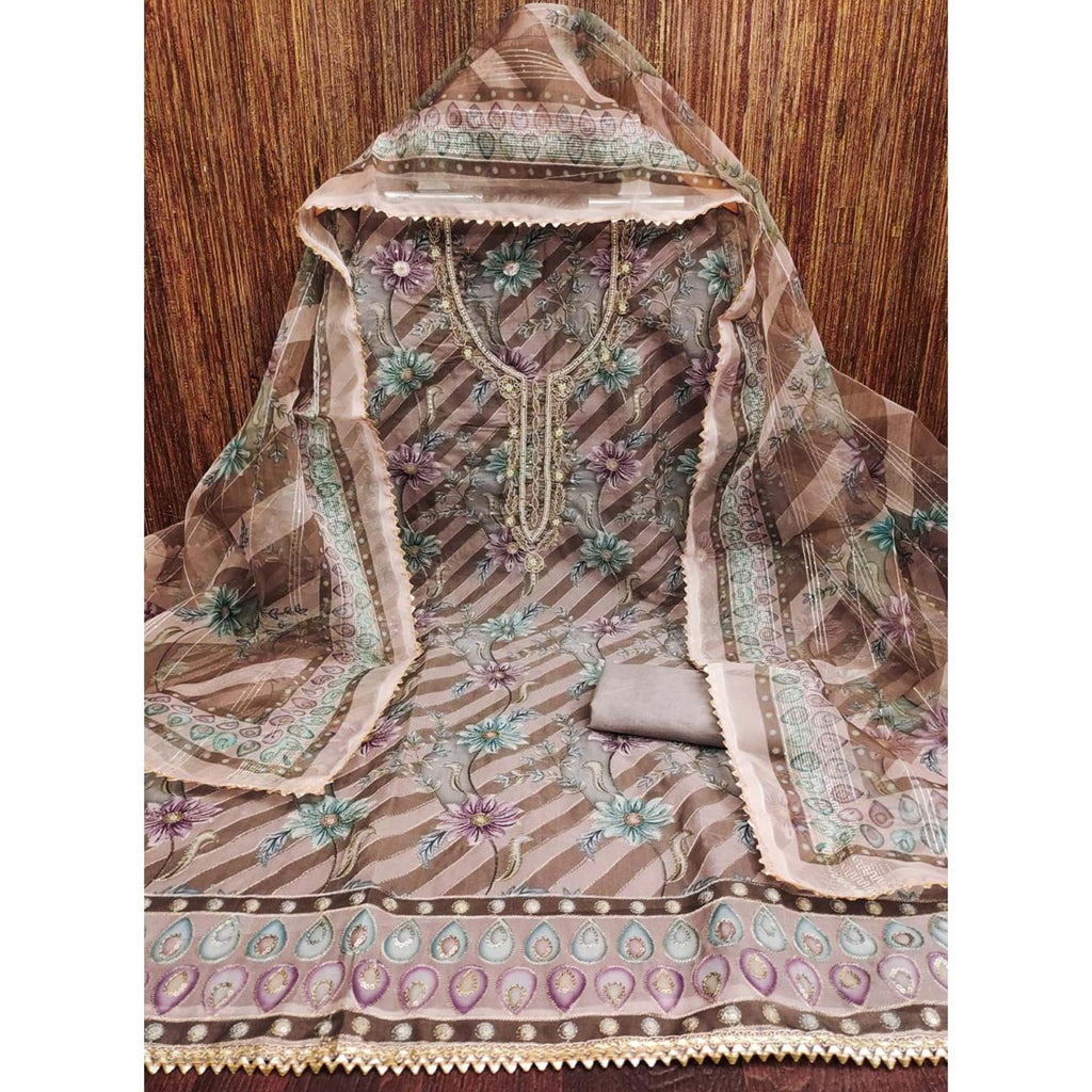 Brown Floral Sequins Embroidered Organza Dress Material With Exquisite Handwork