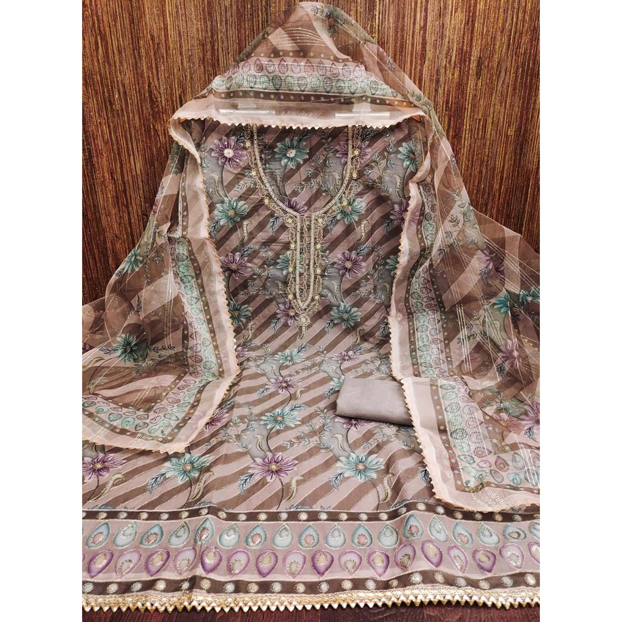 Brown Floral Sequins Embroidered Organza Dress Material With Exquisite Handwork