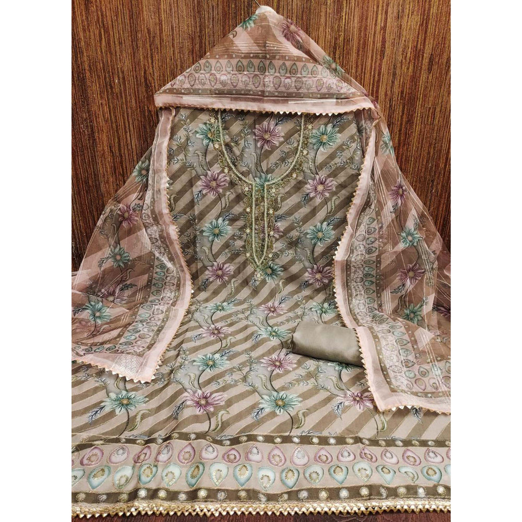 Green Floral Sequins Embroidered Organza Dress Material With Exquisite Handwork