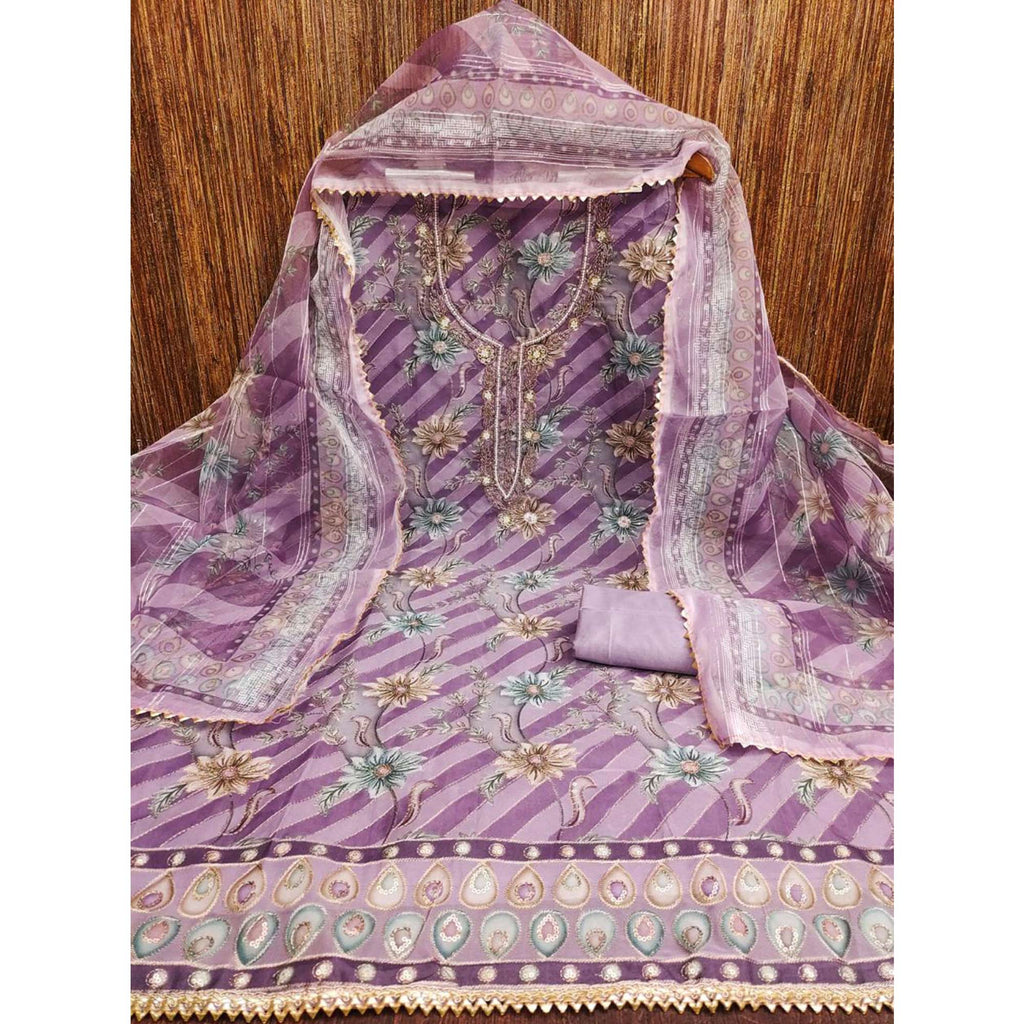 Lavender Floral Sequins Embroidered Organza Dress Material With Exquisite Handwork