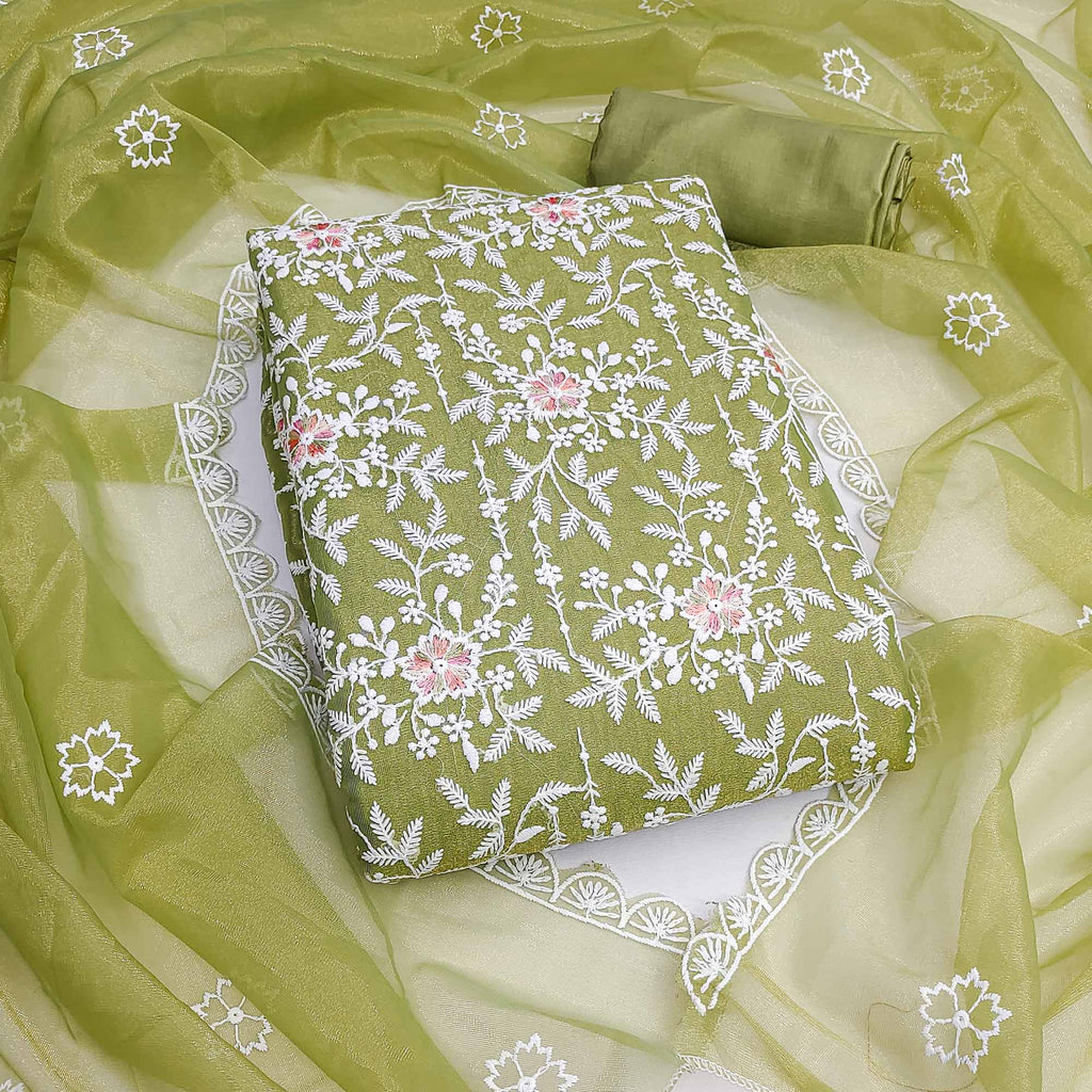 Graceful Green Organza Dress Material Adorned with Intricate Floral Embroidery