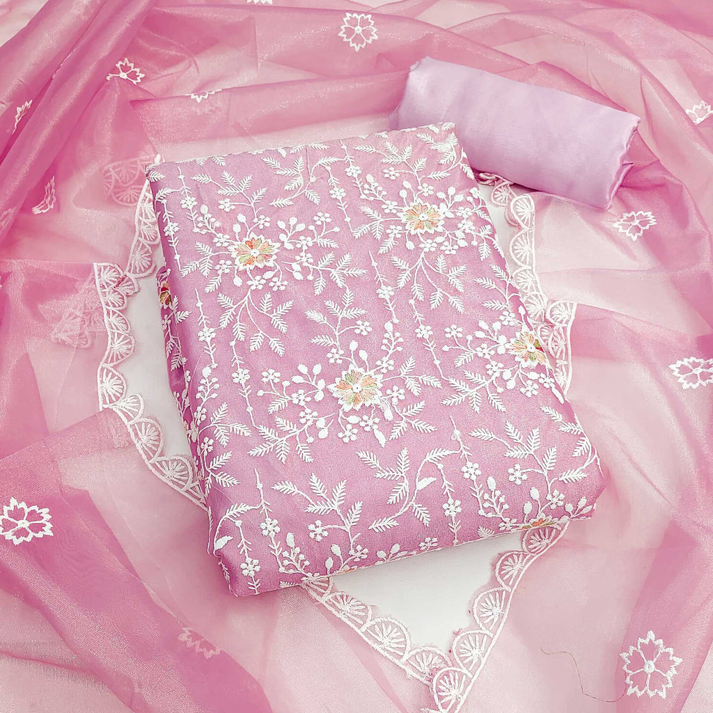 Elegant Pink Organza Dress Material Adorned with Intricate Floral Embroidery