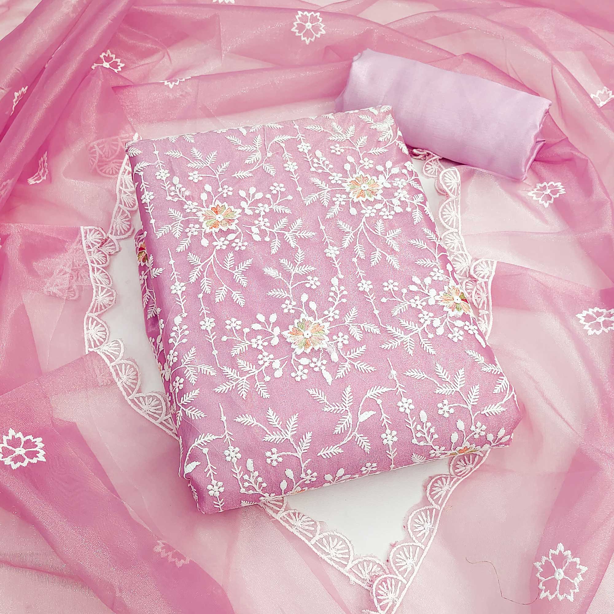 Elegant Pink Organza Dress Material Adorned with Intricate Floral Embroidery