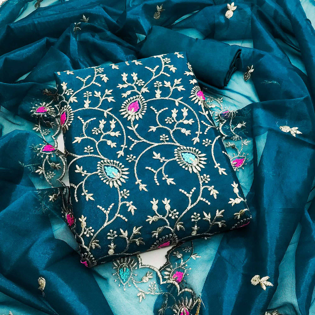 Dazzling Morpich Organza Dress Material with Exquisite Floral Thread & Zari Embroidery