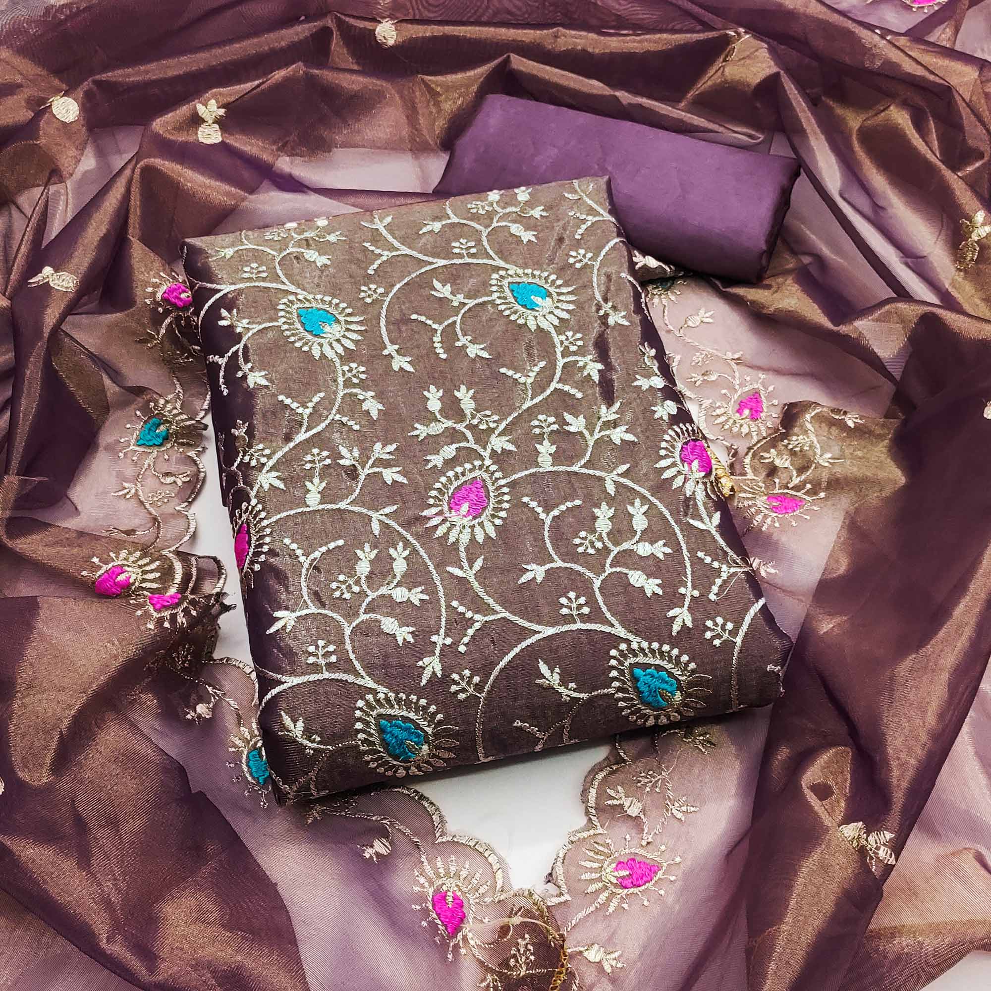 Charming Wine Organza Dress Material with Exquisite Floral Thread & Zari Embroidery