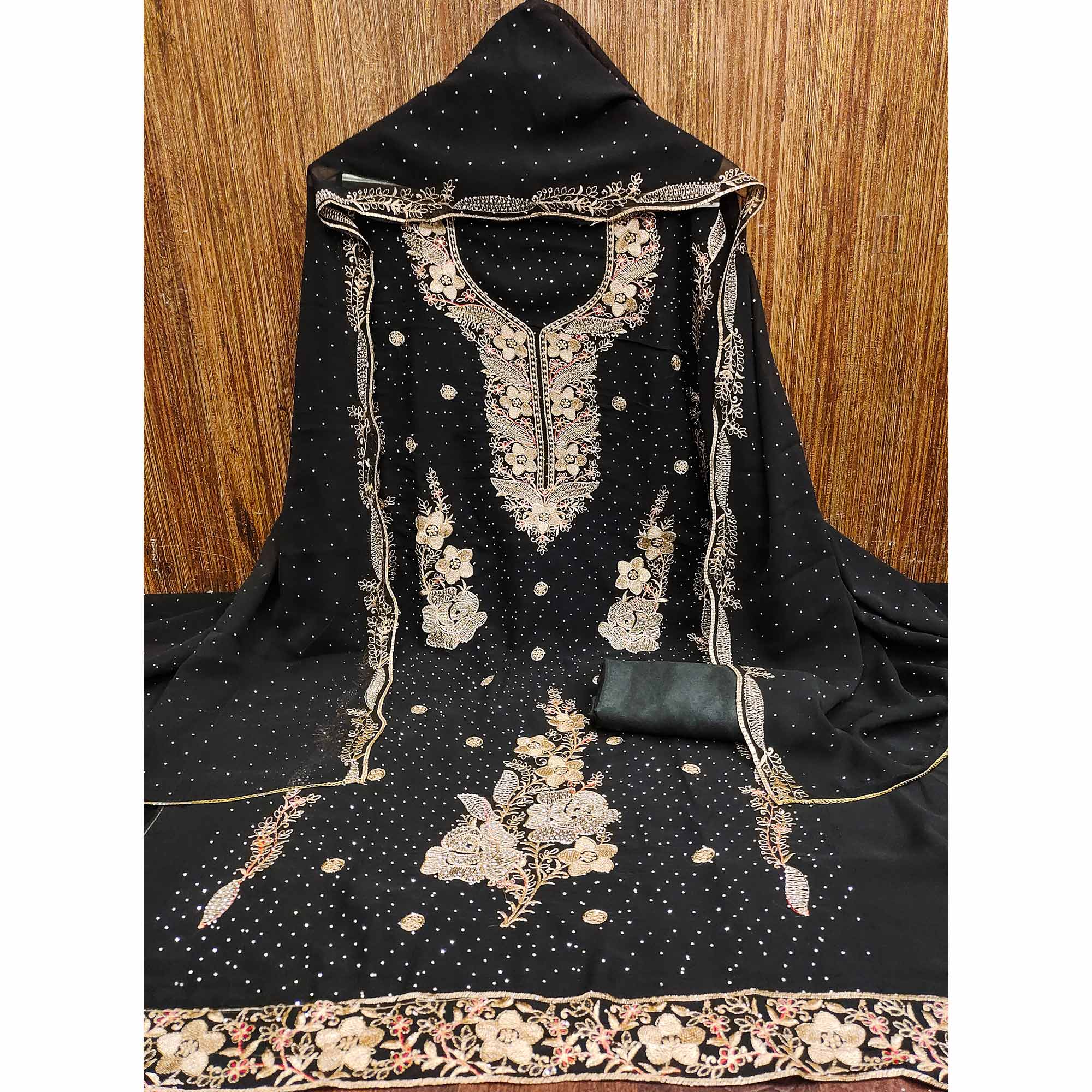 Black Georgette Dress Material With Luxurious Floral Zari Embroidery & Stonework