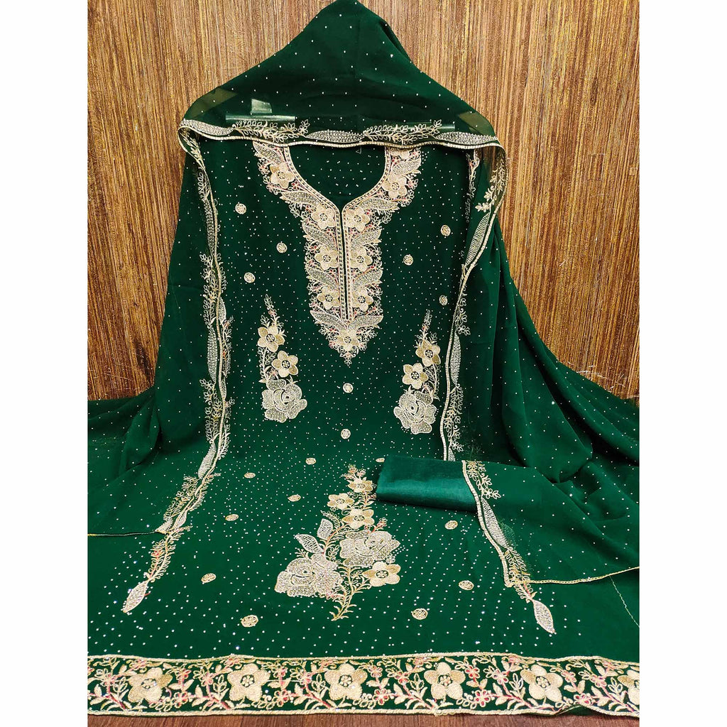 Green Georgette Dress Material With Luxurious Floral Zari Embroidery & Stonework