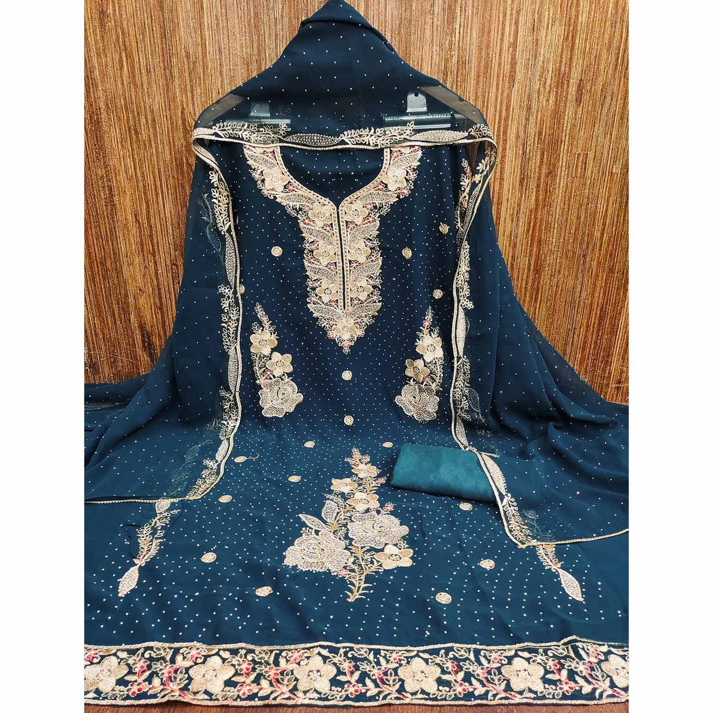 Morpich Blue Georgette Dress Material With Luxurious Floral Zari Embroidery & Stonework