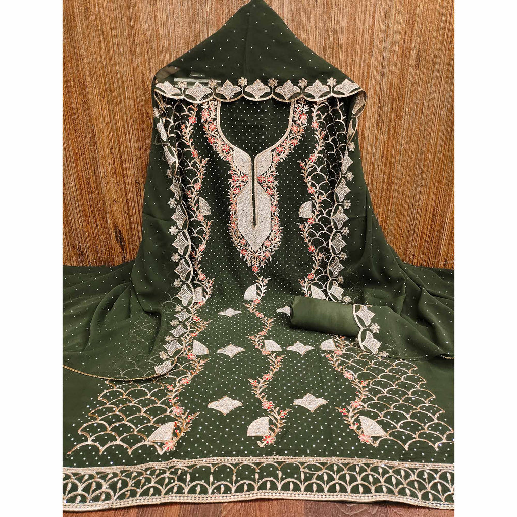 Mehendi Green Georgette Dress Material With Exquisite Floral Embroidery And Stonework