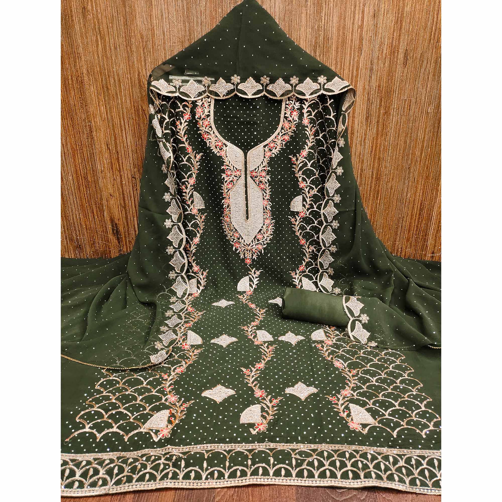 Mehendi Green Georgette Dress Material With Exquisite Floral Embroidery And Stonework